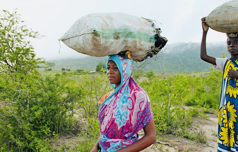 Eine Frau und ein Junge in Kenia tragen Säcke auf ihrem Kopf über ein Feld